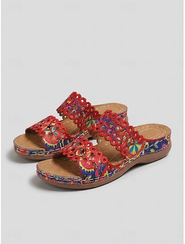  Dámské červené květinové nazouvací sandály – prodyšné pohodlné pantofle s otevřenou špičkou, lehké ležérní letní boty na dovolenou, zahradu, pláž &denní nošení