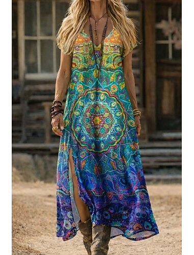  Robe longue bohème pour femme, robe trapèze, robe de vacances décontractée, robe de plage, robe de soirée, coupe classique, imprimé floral, imprimé cachemire, manches courtes, col en V, rouge