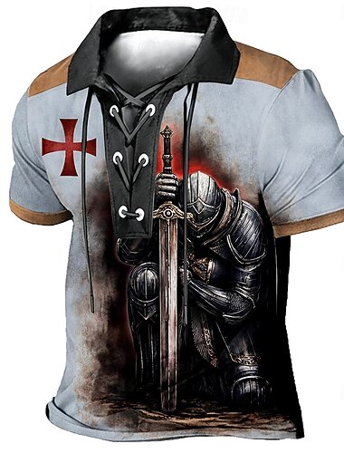  Men's Knights Templar Crusaders Polo Shirts Short Sleeve Polo Shirts Lapel Vintage Casual Streetwear Daily Wear 3D Print Breathable Mesh Spring & Summer Dark Brown Black Brown