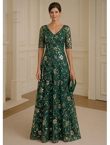  A-Linie Kleid Bodenlang Cocktailkleid Brautmutterkleid Kurzarm Halbarm V Ausschnitt Elegant Vintage Einfach Formell Hochzeitsgast Kentucky Derby Spitze mit Paillette Stickerei Applikationen
