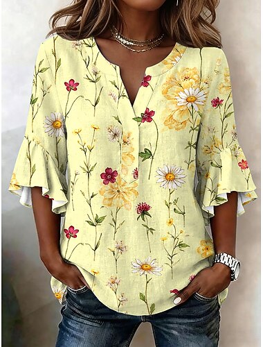  Dame Bluse Drapering Trykt mønster Blomstret Grafisk Ferie Daglig Retro / vintage 3/4 ermer V-hals Vanlige topper Avslappet Daglig Ferie Blå Gul Rosa Lilla Sommer Vår