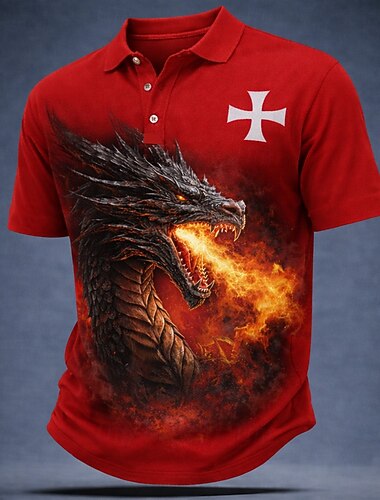  Men's Dragon Cross Polo Shirts Short Sleeve Polo Shirts Lapel Vintage Casual Street Athleisure Daily Wear 3D Print Buttons Breathable Mesh Summer Spring Black Red Brown
