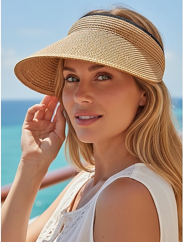  Damehatt med bohemsk stråskjerm, justerbar, sammenleggbar strandhette i flere farger for ferie, sommerferiested og hverdagsbruk