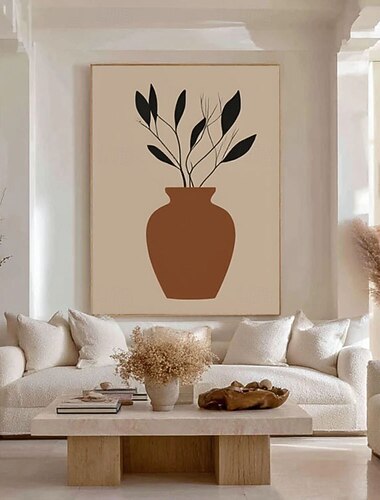  Современная абстрактная настенная живопись с текстурированной вазой и растением, векторный минималистичный рисунок от руки в стиле бохо, дизайн середины века, профессиональный вектор