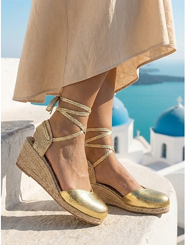  Klassieke zwarte espadrilles met vetersluiting en sleehak voor dames - elegante espadrilles met gesloten neus en enkelbandje, perfect voor eilandvakanties en reizen naar het Middellandse Zeegebied.