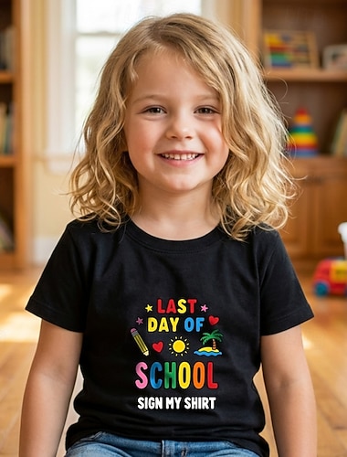 100% Baumwolle Kinder Mädchen Schwarz Grafik Buchstabe T-Shirt Rundhalsausschnitt Kurzarm Urlaub Sport & Outdoor Alltagskleidung Mode Streetwear Lässig Drucken Sommer