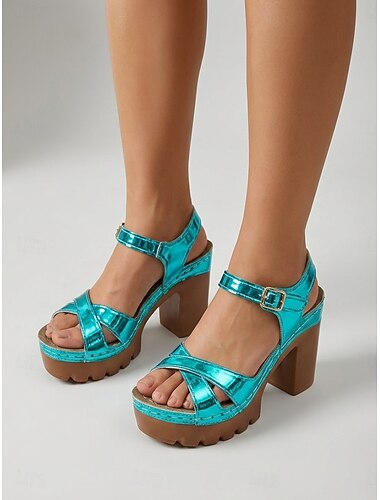  Comfortabele, glanzende blauwe damessandalen met profielzool en blokhak voor buitenactiviteiten en eilandvakanties. &dagelijkse zomerstijl