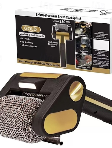  Trådløs, oppladbar elektrisk grillrenser, 350 o/min, ruller i rustfritt stål, LED-lys, kan vaskes i oppvaskmaskin, for gass-/kullgriller
