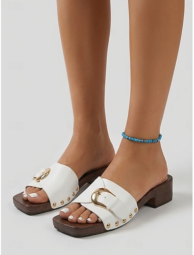  Sandales blanches chics pour femme - sandales modernes à bout carré avec grande boucle dorée &Semelle en bois pour les vacances d'été à la plage, les vacances insulaires &vêtements de villégiature