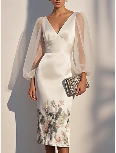  Mulheres Vestido midi Vestido da bainha Vestido floral Vestido estampado Elegante Moda Manga Alargamento Ao ar livre Férias Feriado Normal Floral Manga Longa Decote V Branco Verão Primavera