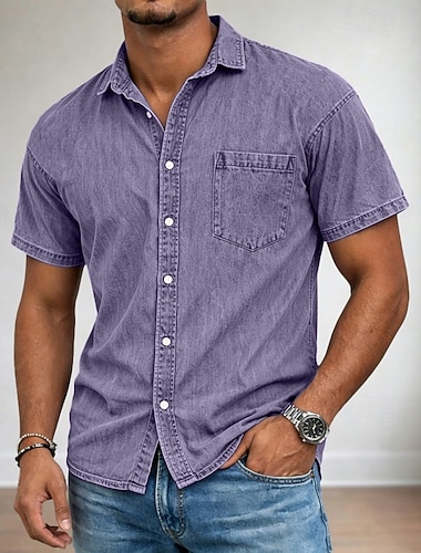  Herren Hemd Freizeithemd Knopfhemd Hemd aus 100 % Baumwolle in Säurewaschung Schwarz Hellgrün Wein Marineblau Purpur Kurzarm Einfach Kragen Hemdkragen Lässig Täglich Fronttasche Bekleidung Baumwolle