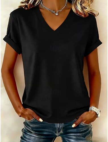  Naisten T-paita Puuvillainen paita Yhtenäinen väri Klassinen Lyhythihainen V kaula-aukko Tavalliset topit Kausaliteetti Päivittäin Bile Musta Valkoinen Punastuvan vaaleanpunainen Kesä Kevät