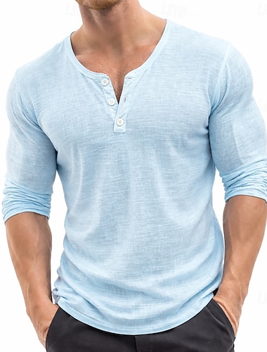  Herren T-Shirt Leinen-T-Shirt Langarm Einfarbig Einfach Einheitliche Farbe Urlaub Lässig Knöpfe Rein Henley Lässig Täglich Outdoor Frühling & Sommer Sommer Frühling Blau Schwarz Rosa Henley T-Shirt