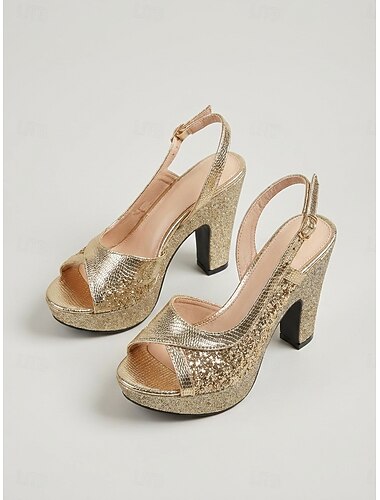  Sandalias de tacón alto con plataforma doradas para mujer: sandalias de vestir con tacón grueso brillante y punta abierta para cócteles y eventos nocturnos. &salida nocturna
