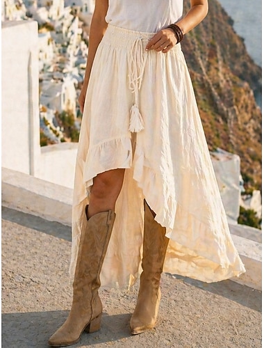  Dam Semesterkjol Elegant Vintage Mode Ledigt Midi Medium Midja Kjolar Oelastisk Vit Kamel Sommar