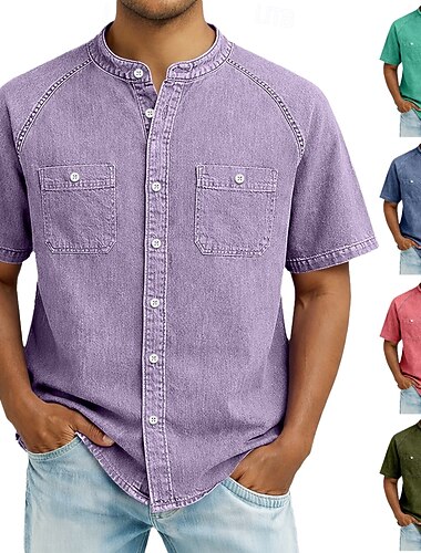  Herren Hemd Freizeithemd Knopfhemd Hemd aus 100 % Baumwolle in Säurewaschung Schwarz Hellgrün Rosa Purpur Kaki Kurzarm Einfach Großvaterkragen Lässig Täglich Fronttasche Bekleidung Elegant Mode Lässig