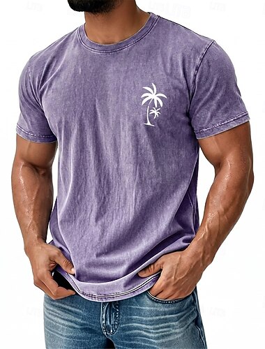  Vintage paars acid wash T-shirt voor heren met palmboomprint, korte mouwen, ronde hals, zomerse strandvakantie, tropische stijl, cadeau voor hem, designer kleding.
