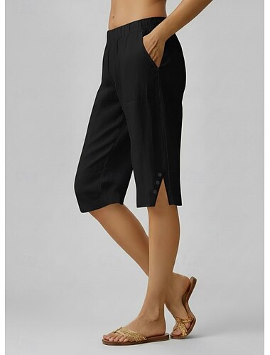 Dames Capri broeken broek Zomer korte broeken 100% Katoen Vakantie Streetwear Basic Kuitlengte Natuurlijk Effen Zak Ademend Zacht Comfortabel Rekbaar Casual Dagelijks Alledaagse kleding Zwart Wit