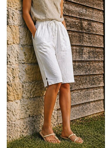  نسائي قطن كتان بناطيل كابري تشينوز شورتات العطلة أساسي كاجوال طول الركبة ارتفاع متوسط سهل جيب تصميم الرباط المرن مريح راحة الخارج غير مطاطي مناسب للبس اليومي الأماكن المفتوحة مناسب للخارج