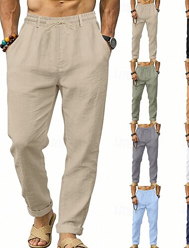  Herren Leinenhosen Hose Freizeithose Sommerhose Kordelzug Elastischer Bund Einfach Komfort Atmungsaktiv Volle Länge Lässig Täglich Outdoor Urlaub Mode Blau Schwarz Unelastisch