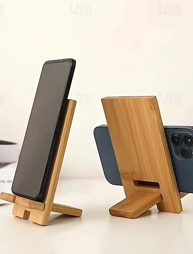  4-pakning bambus telefonstativ for skrivebord, bærbar tre mobiltelefonholder med ladehull, universell stasjonær smarttelefonholder for iPhone 16 15 14 Pro Max, Samsung Galaxy, Pixel, kontor nattbord