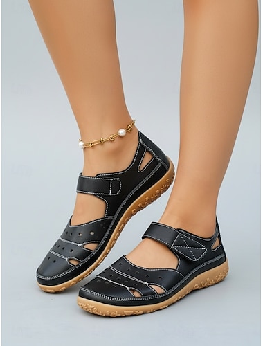  أحذية ماري جين سوداء مفتوحة من الأمام للنساء، أحذية مسطحة مريحة بنعل مانع للانزلاق، مزودة بشريط لاصق قابل للتعديل، أحذية كاجوال مناسبة للحديقة والشاطئ &الأنشطة الصيفية