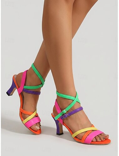  Damskie sandały na obcasie z paskami i blokami kolorów – buty wizytowe z odkrytymi palcami i paskiem wokół kostki, żywy styl na wieczorne przyjęcie, świąteczną kolację i wieczorne wyjście do kurortu