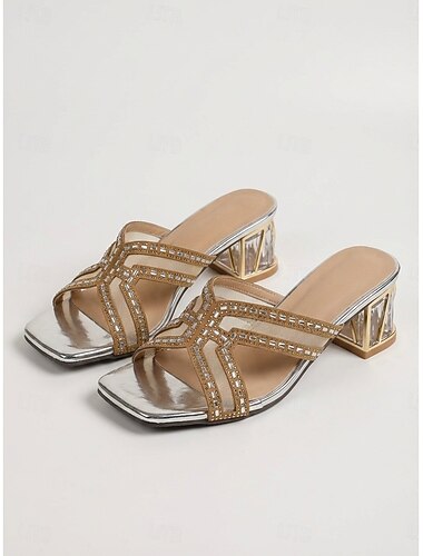  Elegante zilveren mesh slippers voor dames met sprankelende strass-steentjes - chique muiltjes met vierkante neus en een architectonische, transparante blokhak voor avondjes uit in resorts en