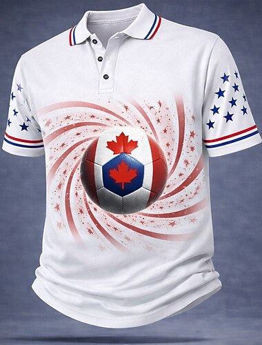  Fußball-Pokal 2026 Herren Fußball Poloshirts Kurzarm Polo-Shirts Hemden mit Kragen Lässig Athleisure 3D-Druck Knöpfe Sommer Frühling Weiß Rote Grün