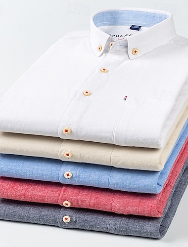  Herren Hemd Leinenhemd Kleidhemd Durchgeknöpft Hemd Farbblock Täglich Geschäft Blau Hellblau Weiß Rote Langarm Umlegekragen Ganzjahres Bekleidung