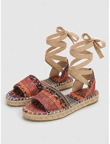  Espadrilles plates imprimées et colorées pour femmes, à lacets – chaussures confortables et élégantes pour les vacances d'été à la plage et sur les îles.