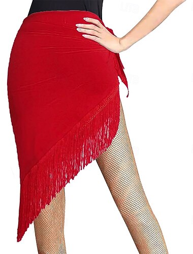  חצאית ריקוד לטיני אדומה עם פרנזים לנשים, שוליים אסימטריים, קשירת מותן, חצאית תרגול אולם נשפים