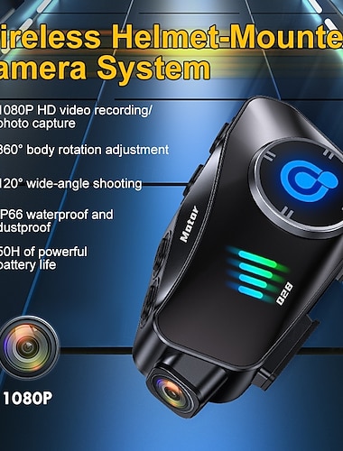  Q28 motorhelmcamera, draadloze 1080p HD-actiecamera met 50 uur batterijduur, 120° groothoek, 360° draaibaar, IP66 waterdichte helmcamcorder voor motorrijden en dashcam. &sport