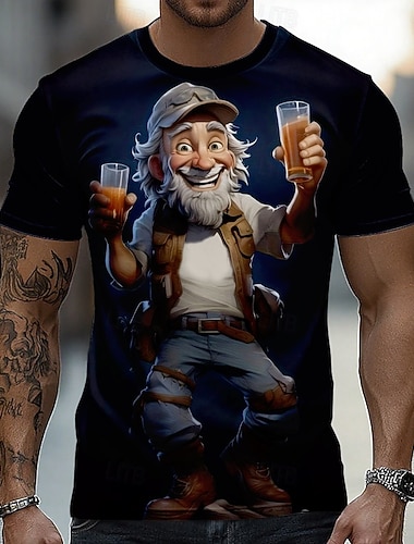  Herren-T-Shirt mit fröhlichem, altem Mann und zwei Biergläsern – 3D-Cartoon-Opa-Figur, humorvoll, animiert, Kurzarm, normale Passform, Geschenk für Partys, Bars, Clubs, Designer-Kleidung