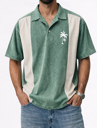  男性用 ポロシャツ コットン100% アシッドウォッシュシャツ カジュアル バケーション 折襟 半袖 ファッション ベーシック 純色 カラーブロック カラーブロック ボタン 夏 春 ブルー ルビーレッド パープル グリーン グレー ポロシャツ