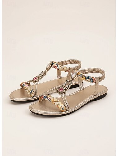  Naisten kultaiset metallinhohtoiset matalat sandaalit, joissa on kukkakuvioinen punottu hihna ja jalokivikoristeet – rennot kesäjalkineet rannalle, uima-altaalle ja lomalle