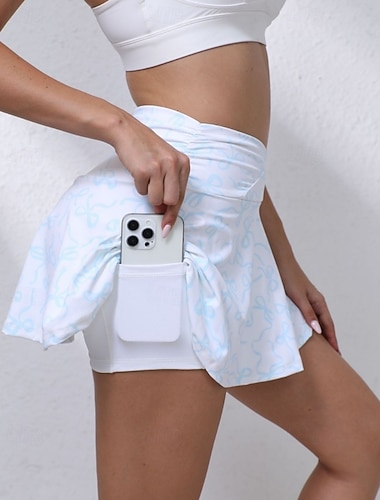  Mulheres Cor Sólida Saia casual Saias de tênis com shorts Saia Esportiva Bolsos Cintura Alta Elástico Redutor de Suor Respirável Tênis Golfe Pickleball Saias Falta Branco Roupas de tênis