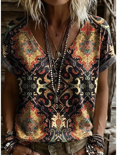  בגדי ריקוד נשים חולצה קצרה דפוס גראפי וינטאג' וינטאג' מסוגנן קלסי שרוולים קצרים צווארון V חולצות רגילות קזו'אל יומי ליציאה שחור צהוב אודם קיץ אביב