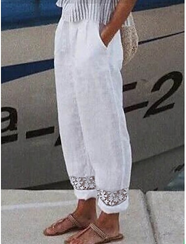  نسائي 100% Cotton سراويل كاجوال  يومي مكتمل الطول ارتفاع متوسط سهل رباط جيوب جانبية مقصوص التنفس إمكانية مريح غير مطاطي مناسب للخارج عطلة نهاية الاسبوع أبيض أزرق رمادي فاتح رمادي الصيف الربيع عادي