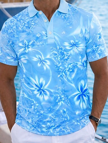  Herr Blommig Hawaiian pikétröjor Kortärmad Polotröjor Kavajslag Ledigt Tillflykt Fritids- Semesterkläder 3D-utskrift Knappar Vår & sommar Blå Marinblå Purpur