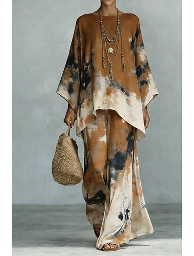  Mulheres Conjuntos de calças Bolero Manga 3/4 Decote Redondo Âmbar Gráfico Imprimir Moda Roupa de rua Casual Diário Ao ar livre Marron Primavera Verão Ajuste Largo