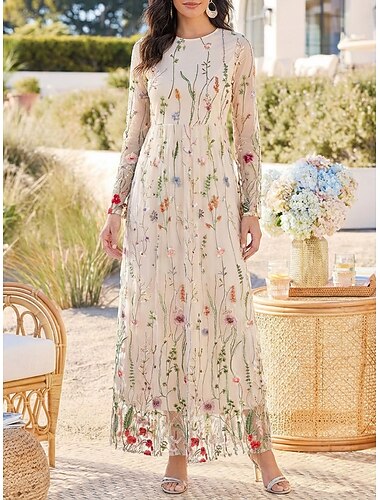  Dame Maxikjole Blonde kjole Floral kjole Elegant Feriereise Fest Normal Blomstret Langermet Crew-hals Beige Sommer Vår