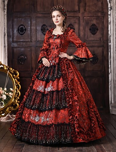  Rokoko Barock Ballkleid Bodenlang Kleid Ballkleid langarm Prinzessin Dame Braut Blumen Ballkleid Quadrathals Kostüm Damen königlich Halloween Karneval Maskerade Abschlussball Teegesellschaft Party