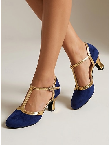 Dames vintage jaren 1920 blauw &Gouden pumps met T-bandje - elegante hakken in Gatsby-stijl voor flapperfeesten en retrobruiloften. &Flapperkostuums uit de Roaring Twenties