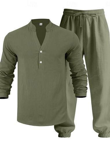  Herren Leinenhemd Zweiteilig Popover-Hemd Und Leinenhosen Hose Freizeithose Set Einfach Lässig Täglich Outdoor V Ausschnitt Langarm Sommer Frühling Mode Lässig Bequem Bekleidung