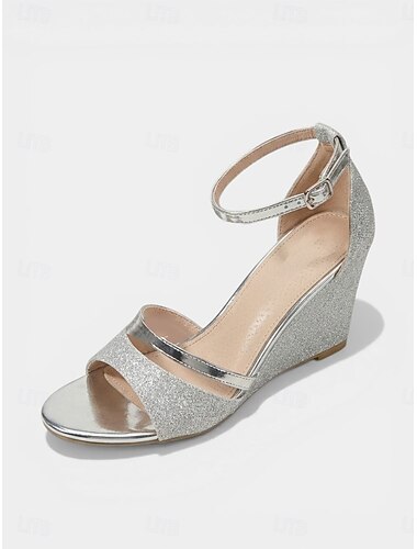  Damessandalen met zilveren glittersleehak en metallic enkelbandjes – vakantie &resort avondschoenen