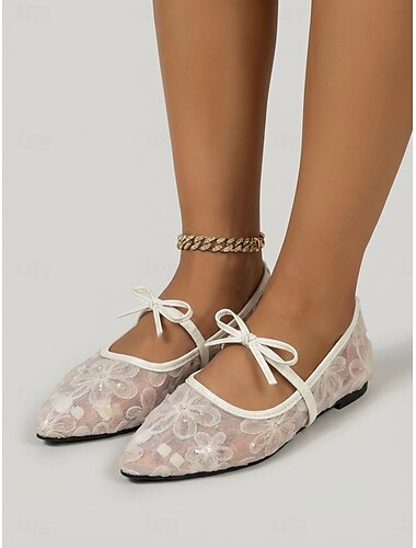  Witte kanten Mary Jane ballerina's voor dames met bloemenprint - elegante ballerina's met mesh-borduurwerk en strikbandje, perfect voor eilandvakanties en strandbruiloften. &zomervakantie