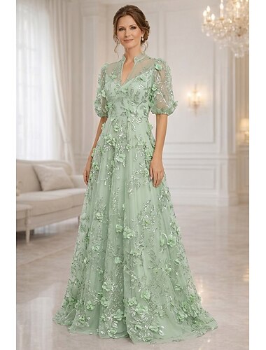  A-Linie Kleid Bodenlang Maxidress Partykleid Cocktailkleid Brautmutterkleid Halbarm V Ausschnitt Elegant Vintage luxuriös Formell Hochzeitsgast Semi-Formal Spitze mit 3D-Blumen Stickerei Applikationen