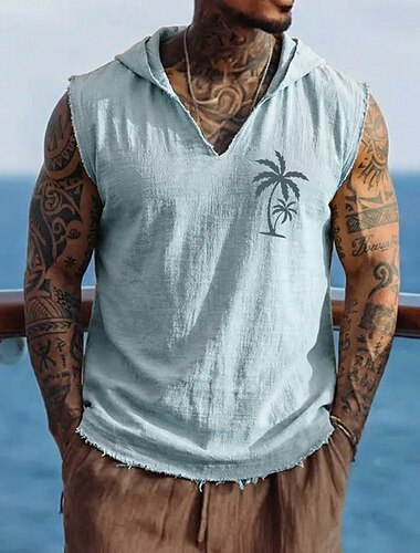  Miesten palmukuvioinen trooppinen boheemi rannikkokuvioinen hihaton hupullinen liivi huppari toppi graafinen puuvilla pellava rispaantunut raakahelma löysä istuvuus ranta kesäloma risteily
