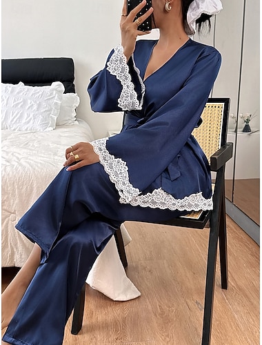  Dam Vardagsklädsel Pyjamas set Mode Enkel Ledigt Ren färg Silkeslen satinpyjamas Pyjamas Elastisk midja Byxa Hem Semester Långärmad V-hals Marinblå Vår Höst Normal